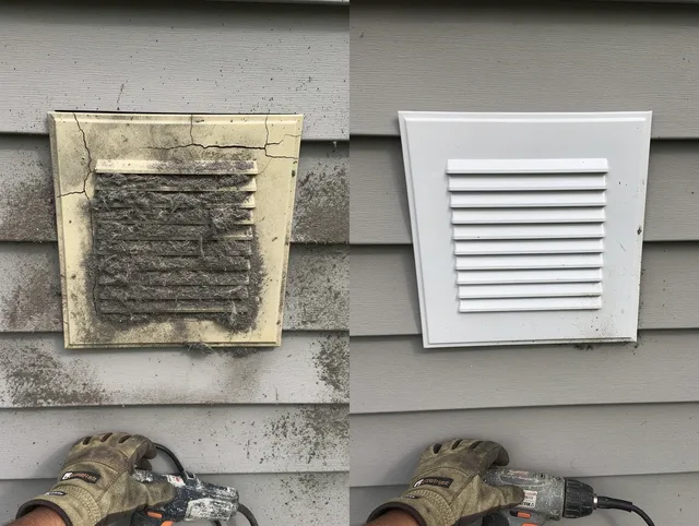 Ellington Dryer Vent Cleaning technician installing high-quality dryer vent cover at a residential property in Ellington