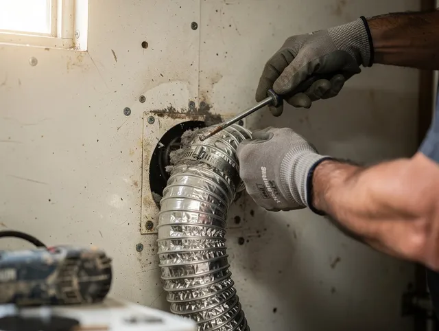 Ellington Dryer Vent Cleaning technician performing precise dryer vent hose installation in Ellington